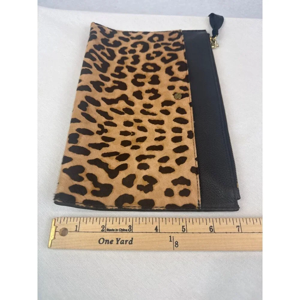 J Crew Black Leather Calf Hair Leopard Print Clutch Brass Accents Zipper - Picture 11 of 11